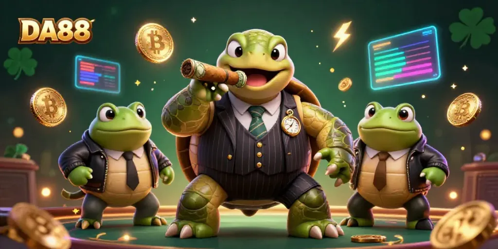 Engage with DA88's vibrant casino scene featuring a mobster turtle, bullfrog enforcers, and glowing crypto elements.