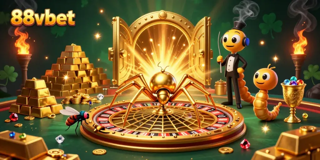Place bets at 88vbet with a thrilling 3D casino scene featuring a golden spider and treasures.