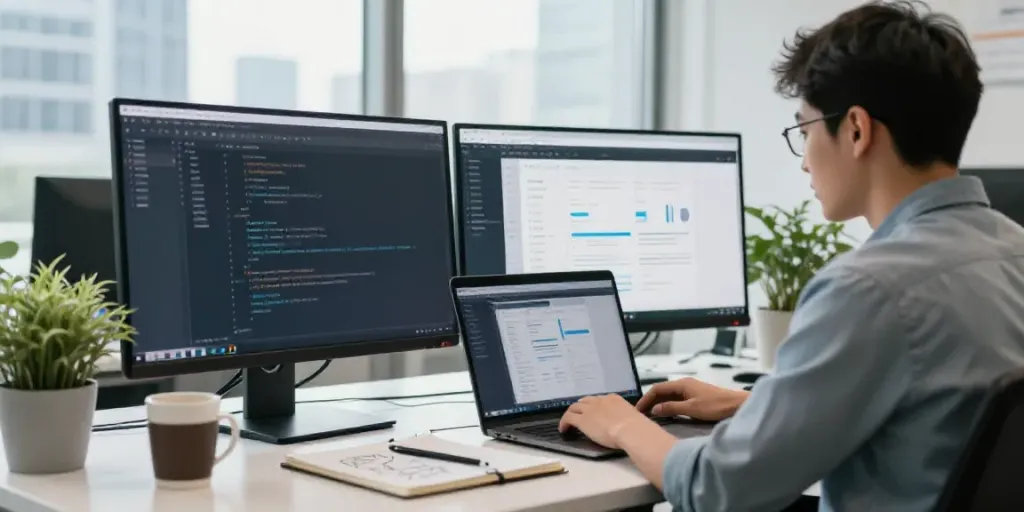 Developer utilizing instant indexing techniques in a modern office setting.