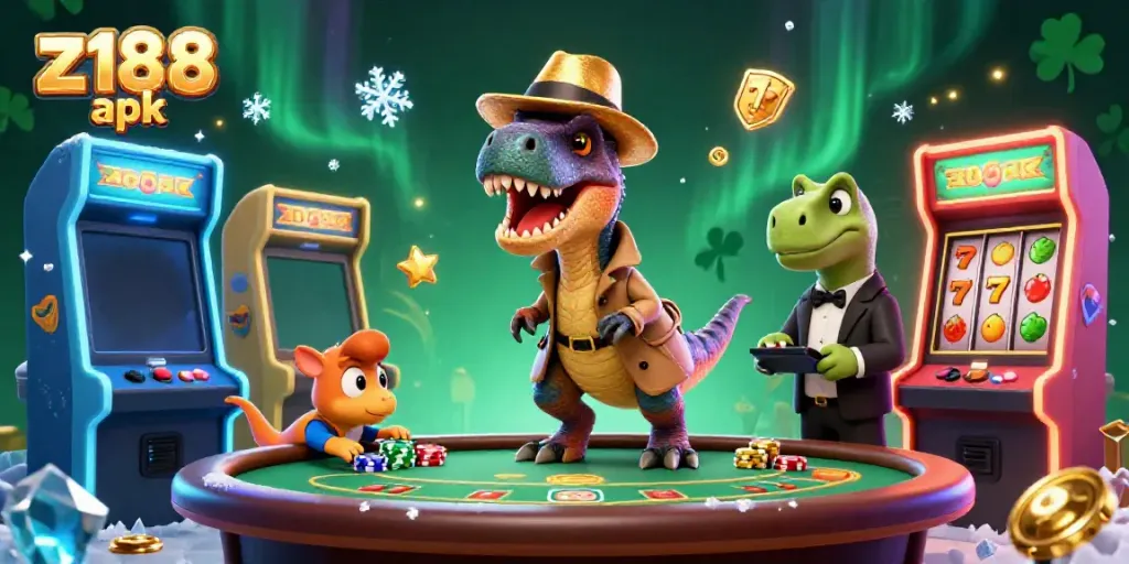 Catch thrilling moments at the blackjack table with the z188 apk, featuring a velociraptor card counter amidst casino excitement.