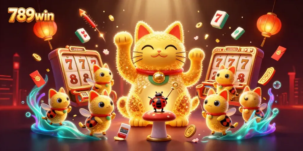 The vibrant world of 789win comes alive with a lucky cat surrounded by dynamic casino symbols.