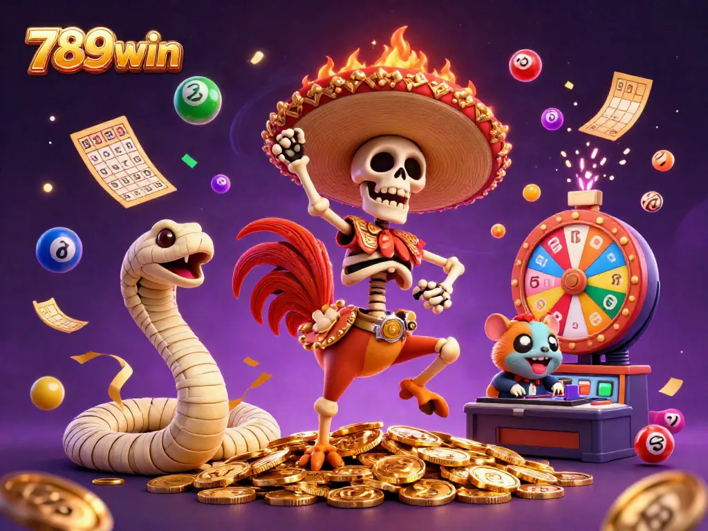 Celebrate wins with 789win in a vibrant casino atmosphere featuring a mariachi rooster and colorful lottery elements.