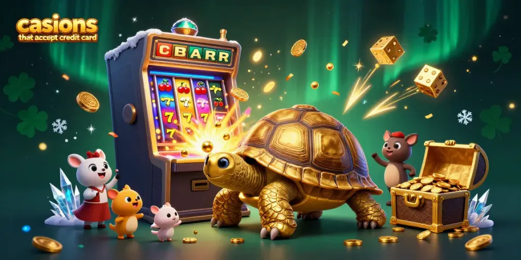 Play exciting games at casinos that accept credit card, featuring a vibrant illustration of a golden tortoise and dynamic casino elements.