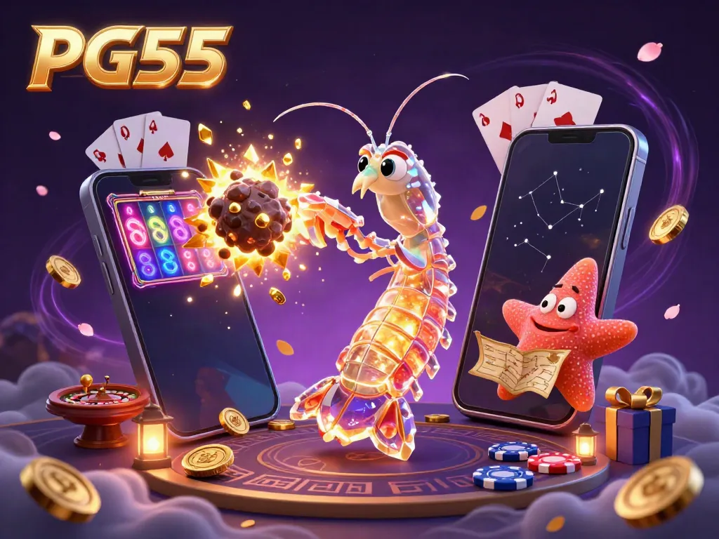 Experience the thrill of PG55 with vibrant casino elements and animated characters in action.