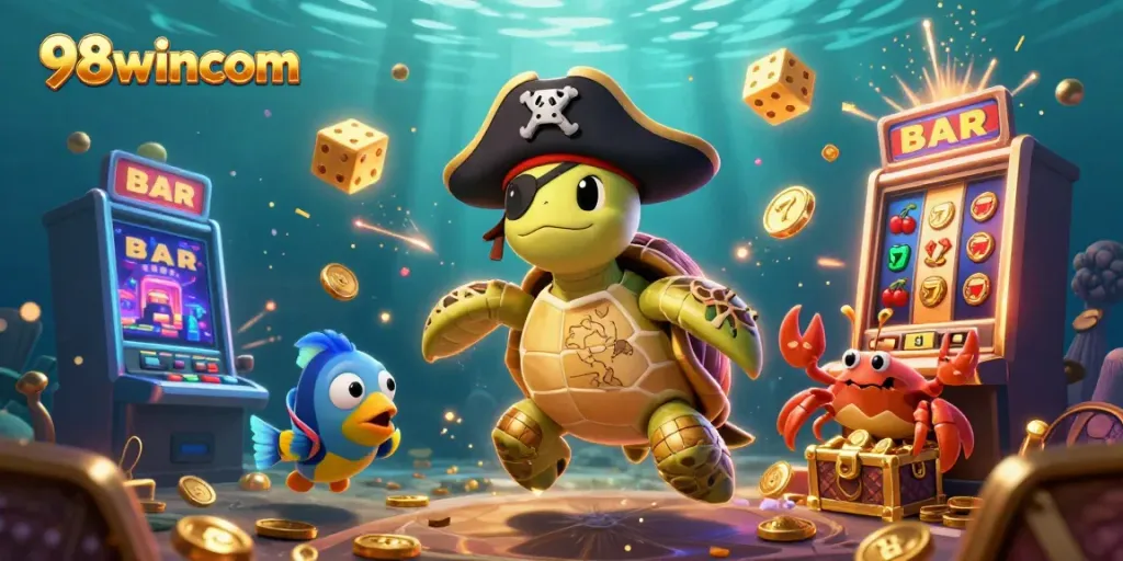 Experience the thrill of gaming at 98wincom with a vibrant underwater casino scene featuring a pirate turtle.