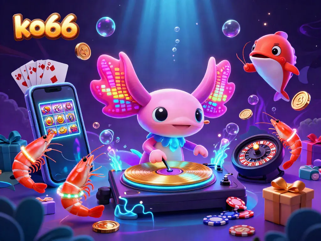 Engage with ko66's vibrant online casino experience featuring an axolotl DJ spinning golden records.