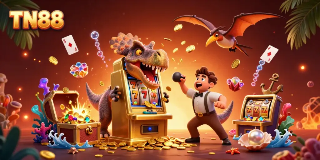 Experience the thrill of TN88 with a dynamic casino scene featuring cartoon dinosaurs celebrating a jackpot payout.