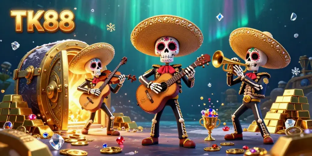 Experience the vibrant energy of TK88 with a colorful mariachi band amidst cascading treasures.