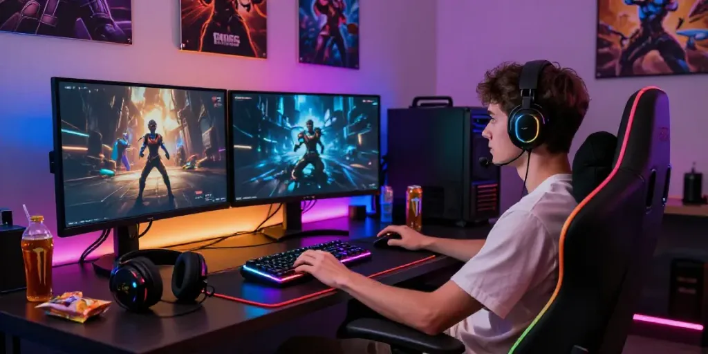 Engaged user gaming experience with vibrant graphics on monitor, showcasing erigo4d excitement.