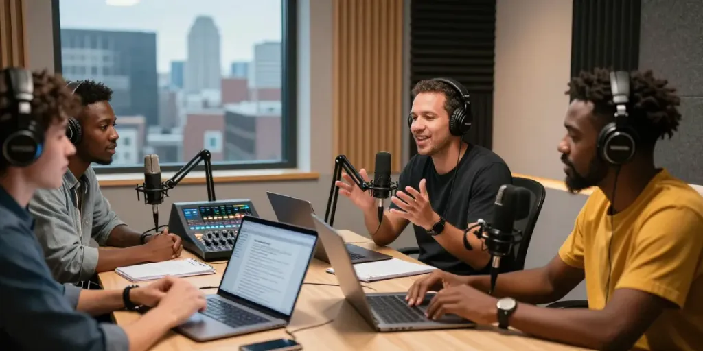 Dynamic podcast studio recording session showcasing podcast backlinks in action with diverse participants.