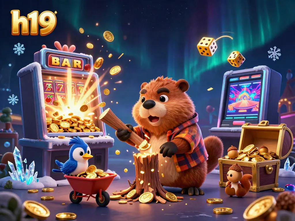 Spin the reels at h19 with our playful beaver, as coins rain down in this vibrant casino scene.