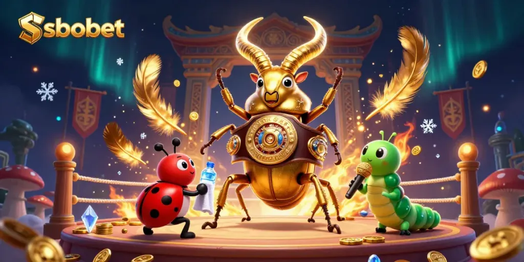 sbobet energizes sports betting with a giant stag beetle in a vibrant boxing match scene.