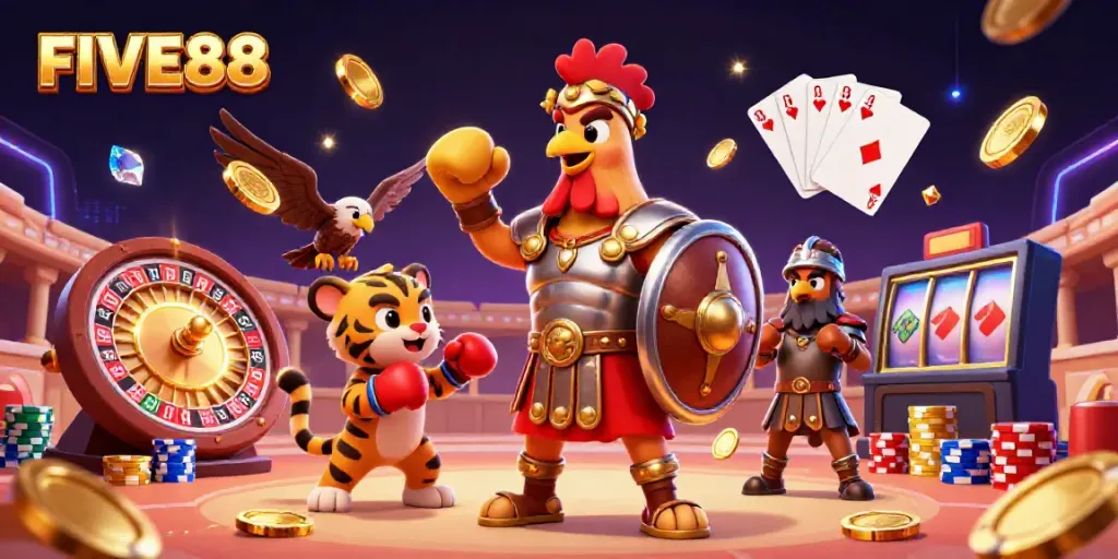 Experience the thrill of FIVE88 with a glimmering scene of a gladiator rooster and casino elements.