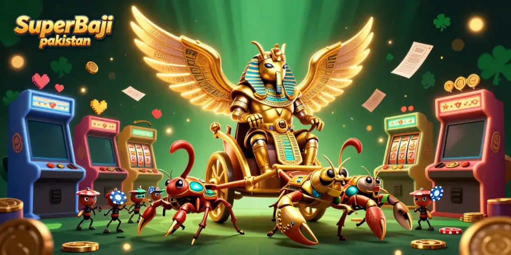 Experience thrilling gameplay at SuperBaji pakistan with golden scarab beetle chariots and casino elements.