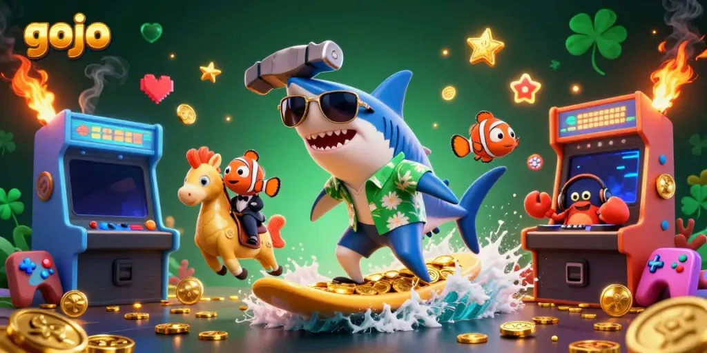 Experience vibrant Casino-Gojo action with a shark, clownfish, and crab in a colorful gambling scene.
