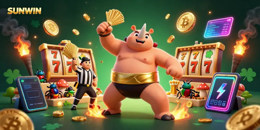 SUNWIN showcases a dynamic casino scene with beetle characters, gold coins, and neon elements.