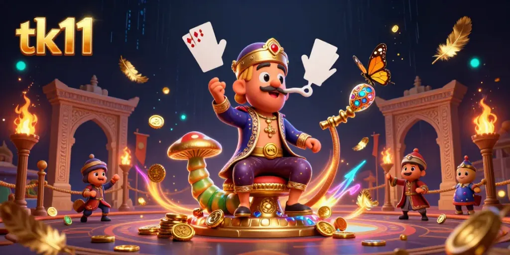 Engage with tk11's vibrant casino world as a cartoon caterpillar masterfully blends smoke with poker icons.