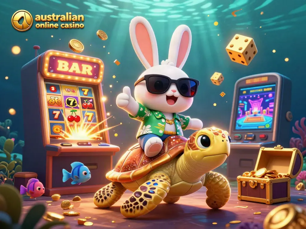 Play at the australian online casino with lucky rabbit and golden turtle in vibrant, dynamic scene.