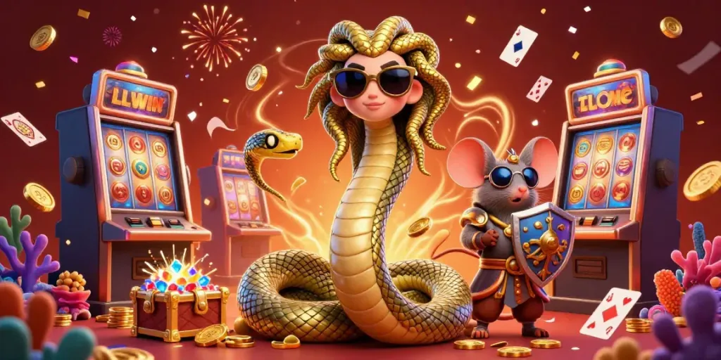 ExperienceLLWIN's vibrant casino atmosphere with Medusa and warrior mouse celebrating big wins!