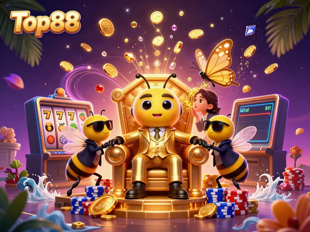 Top88's vibrant casino scene with a bumblebee mob boss, wasp guards, and butterfly informant amidst gold coins and slot machines.