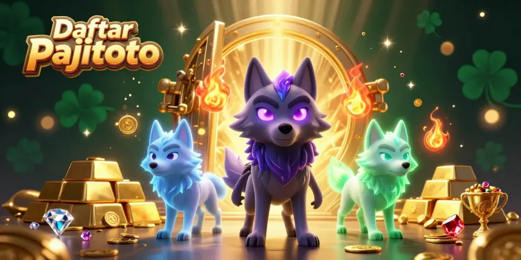 Visualize the excitement of winning with Daftar pajitoto showcasing a dynamic scene of ghostly wolves and treasures.