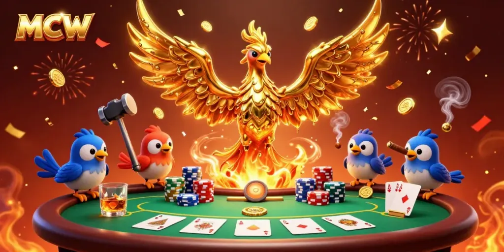 Experience the excitement of MCW's online betting scene with a golden phoenix, poker elements, and vibrant energy.