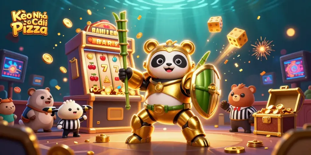 Kèo Nhà Cái Pizza showcases a lively 3D casino scene filled with energy and fun as players prepare to spin the reels.