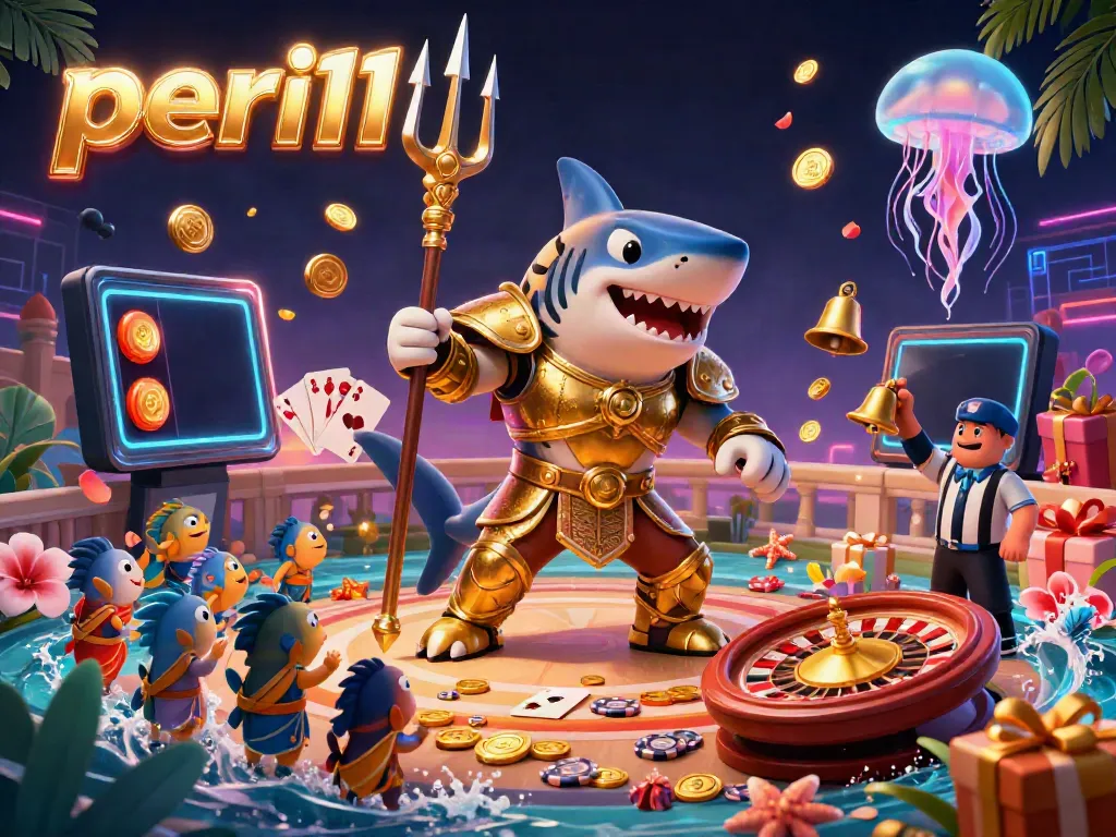 Experience the excitement of peri11 with a tiger shark in gladiator armor amidst a vibrant underwater casino scene.