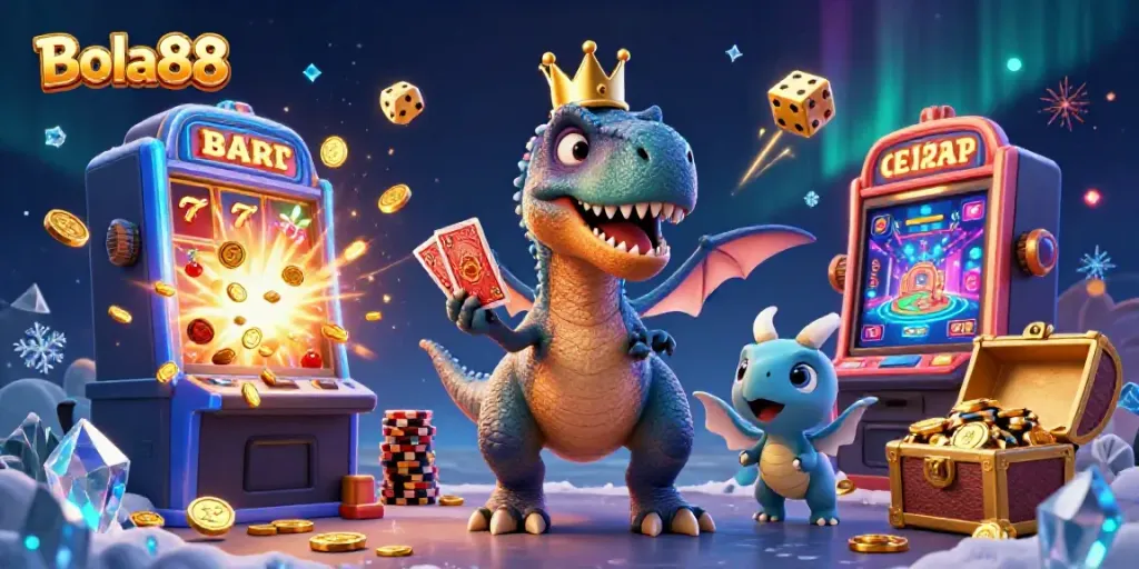 Bola88 showcases a vibrant casino scene with a T-Rex and friends celebrating a jackpot explosion.