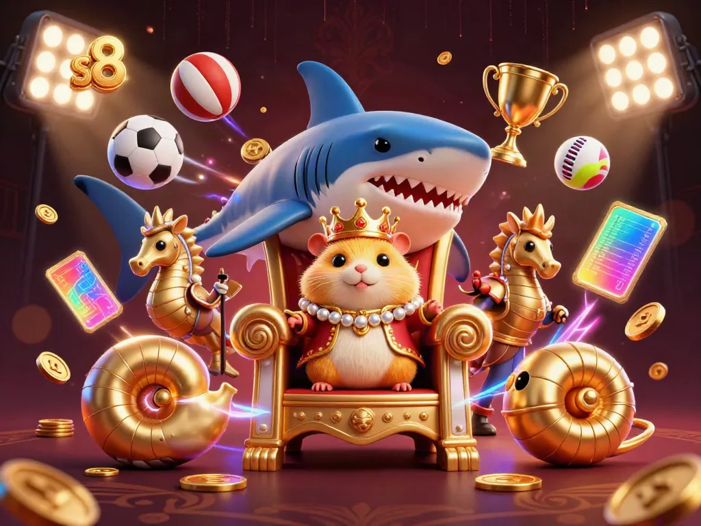 Experience thrilling sports betting with S8’s dynamic graphics featuring a king hamster on a megalodon throne.