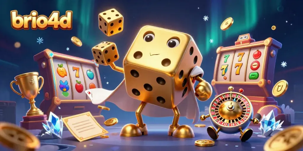 Engage with brio4d's thrilling slots experience through a captivating 3D dice character scene.