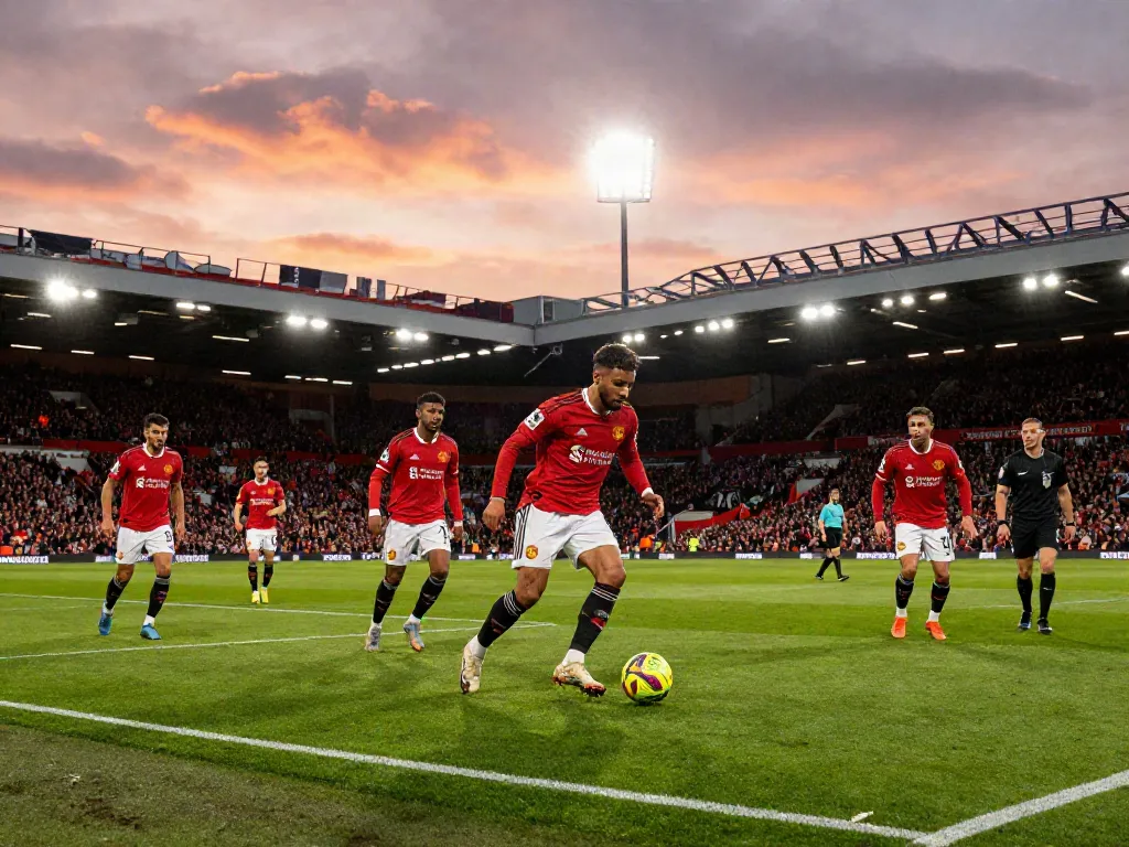 แมนยู vs ลิเวอร์พูล intense football match with players contending for possession at sunset