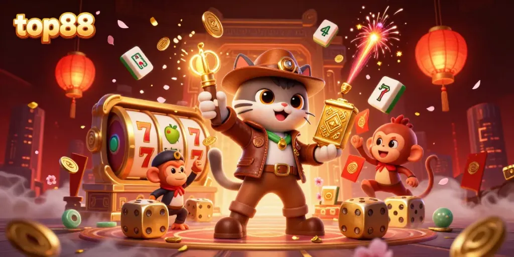 top88 revealing a golden casino artifact amidst slot reels and festive elements in an exciting temple.
