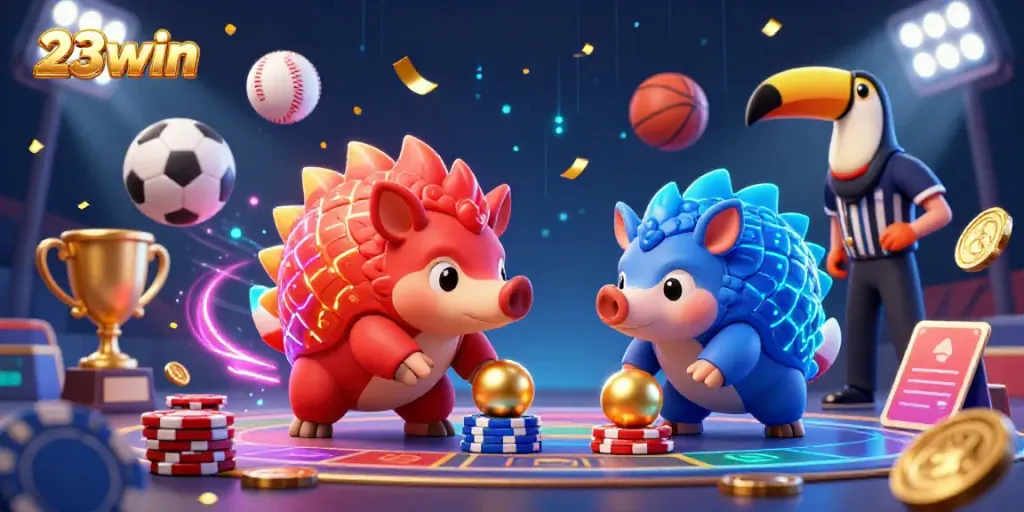 A lively illustration featuring rival pangolins in 23win-themed poker game, surrounded by dynamic sports elements and golden confetti.
