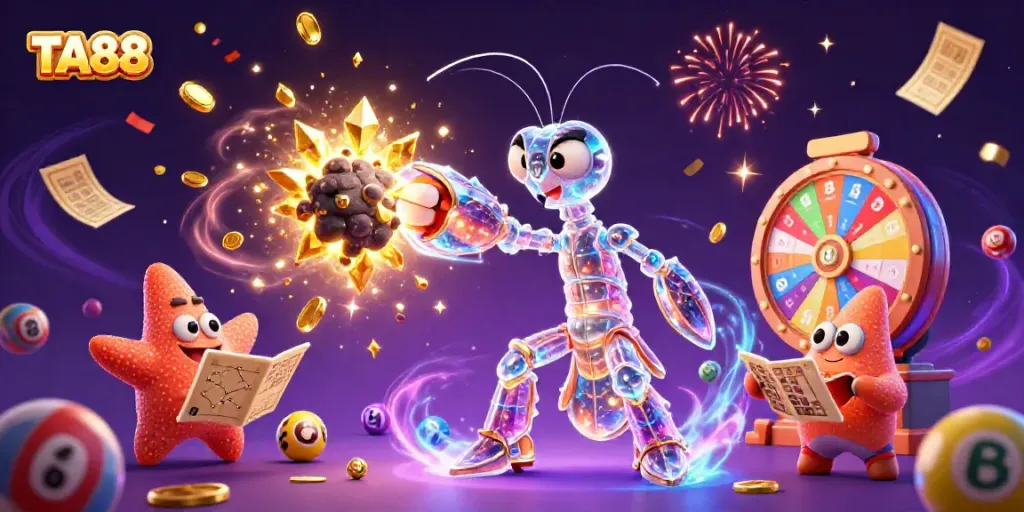 Engage with TA88's casino adventures featuring vibrant lottery elements and a cosmic mantis shrimp hero!
