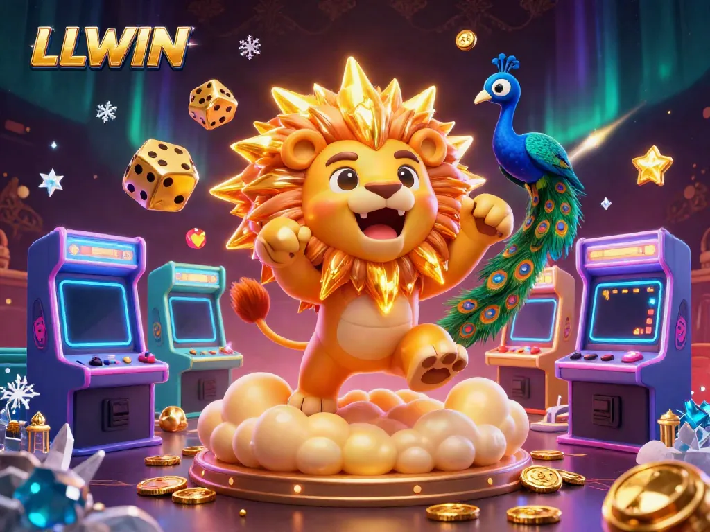Experience the thrill of LLWIN with a vibrant 3D casino scene filled with golden dice and arcade games.