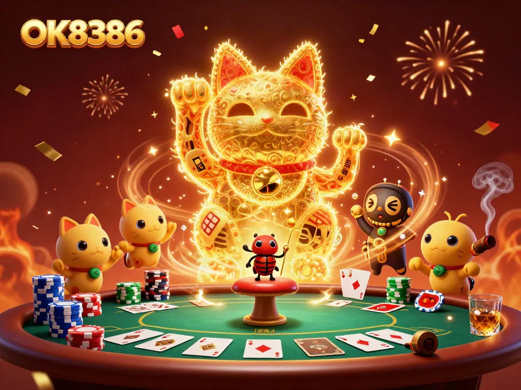 Experience the vibrant world of OK8386, where golden fireflies shape a lucky cat amid casino excitement.