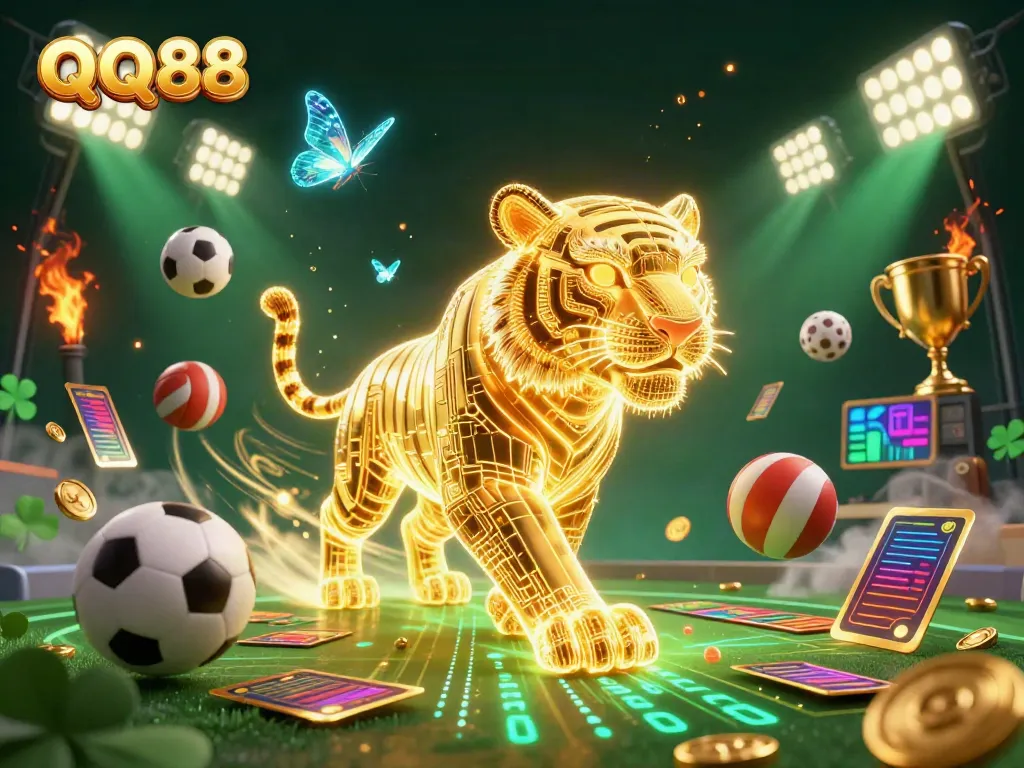 Experience thrilling moments at QQ88 with a neon-lit tiger in a dynamic casino scene.