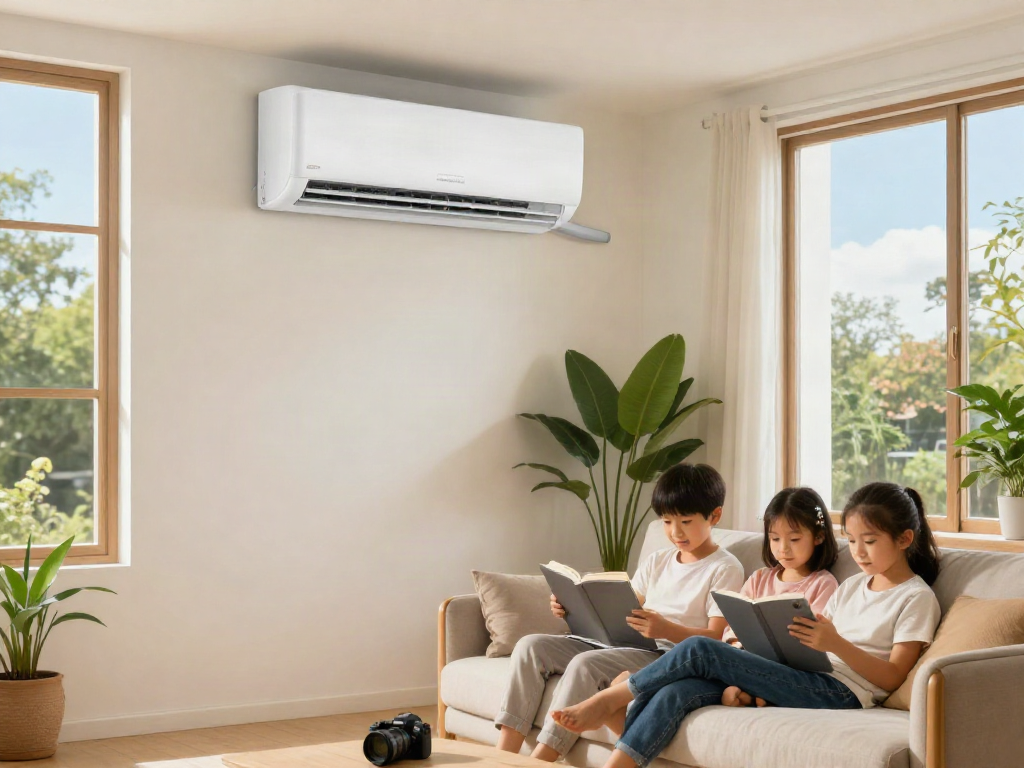 Family enjoying comfort from a mini split AC in a bright living room
