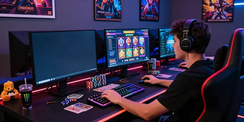 Exciting pesgslot online gaming room with colorful displays and vibrant lights