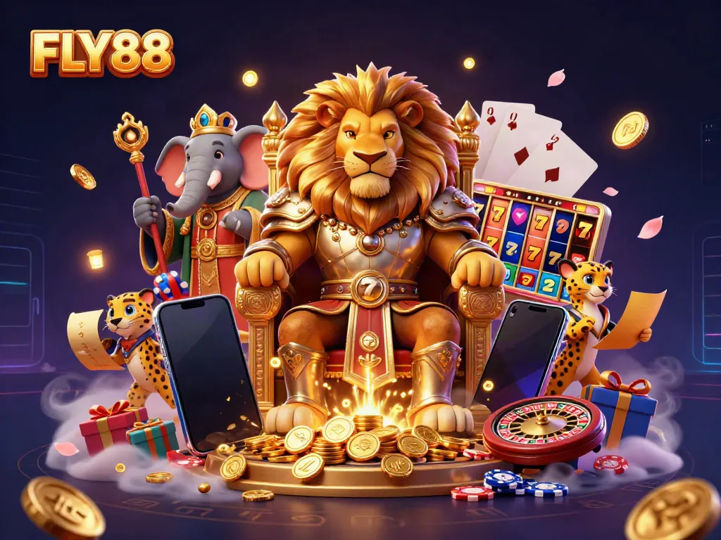 Experience thrilling gameplay with FLY88's vibrant casino scene featuring dynamic characters and exciting game elements.