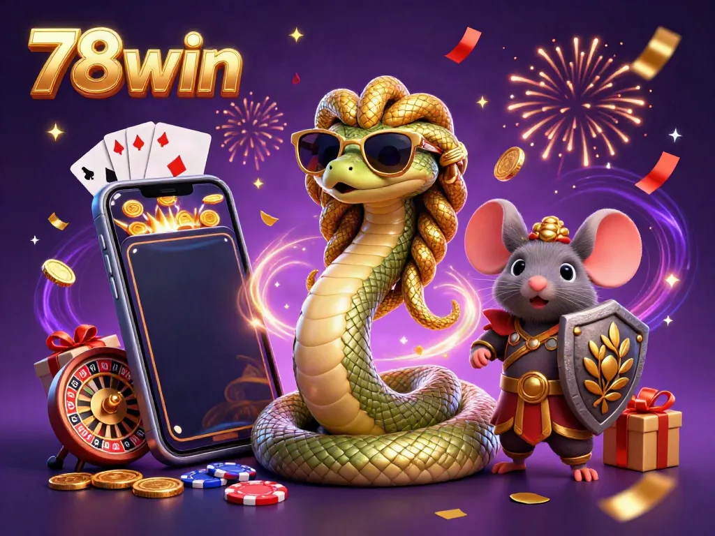 Engage in vibrant casino excitement with 78win, featuring Medusa and a warrior mouse amidst colorful slots.