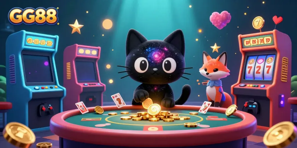 Experience the cosmic charm of GG88's casino with a black hole cat captivating players at a vibrant game table.