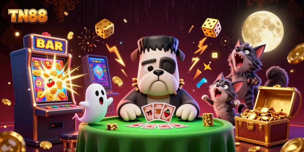Unleash your luck at TN88 with an exciting casino scene featuring vibrant characters and games.