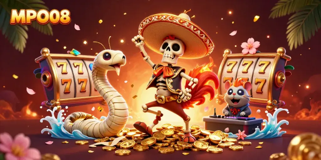 Experience the thrill of winning with MPO08 in a vibrant, joyful casino scene featuring dancing characters and golden treasures.
