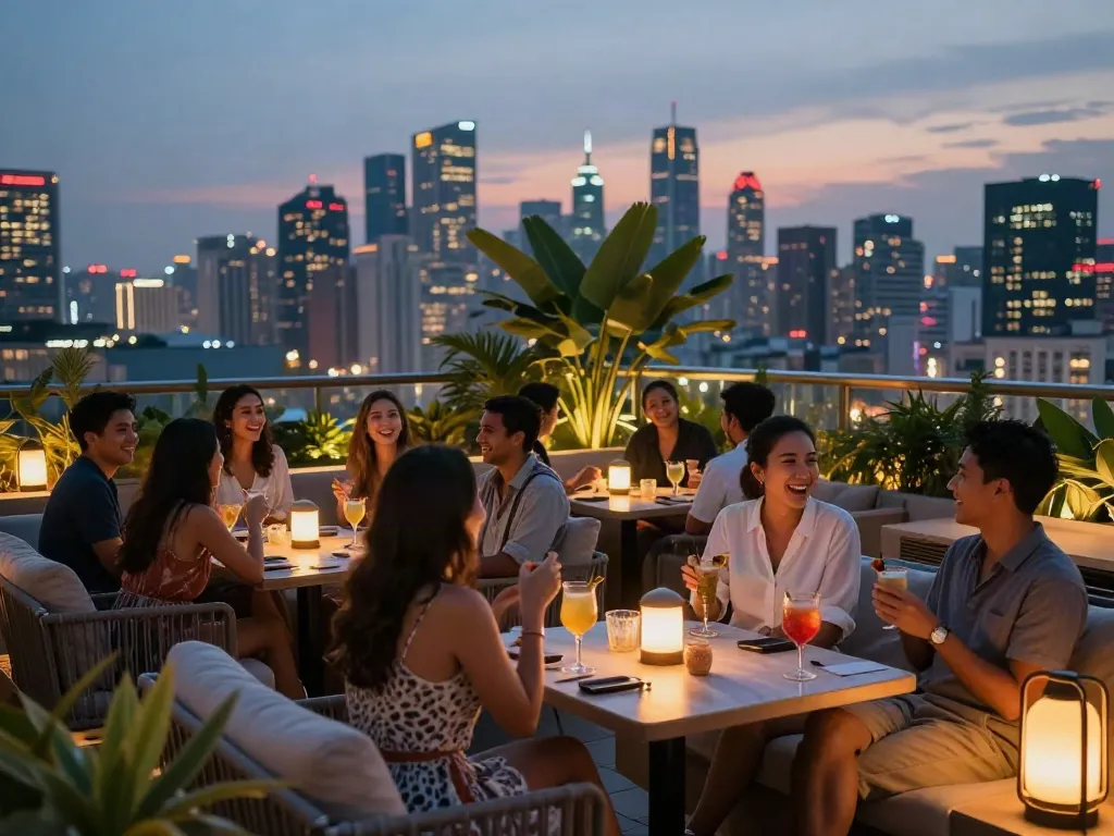 Guests enjoying cocktails at NoHu Rooftop with skyline views and warm ambiance.