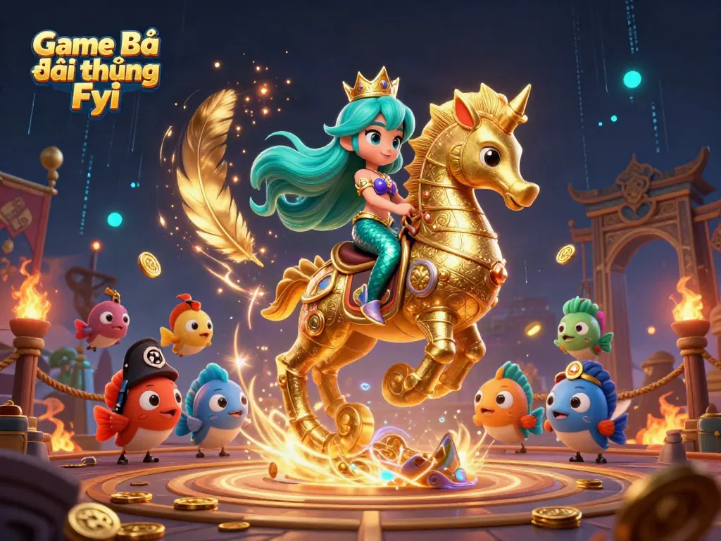 Experience excitement with Game Bài Đổi Thưởng Fyi, featuring a mermaid princess and seahorse in a vibrant casino scene.