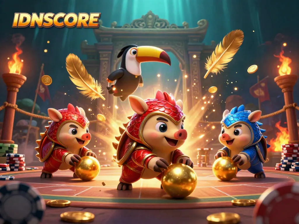 IDNSCORE showcases exhilarating gaming with pangolins in armor bowling poker chips on a festive arena.