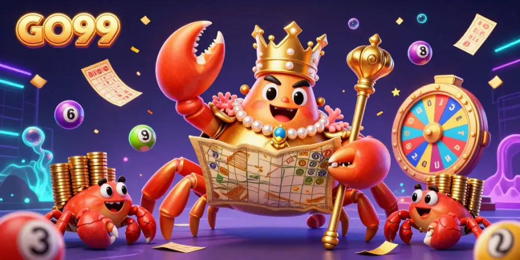 Engage with GO99 at a vibrant casino scene featuring the majestic crab emperor, golden treasures, and dynamic lottery elements.