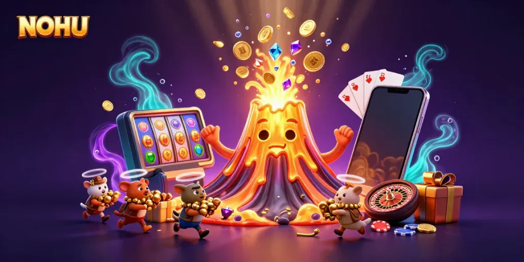 Engage with NOHU’s thrilling gaming universe featuring a golden volcano erupting treasures and colorful casino elements.